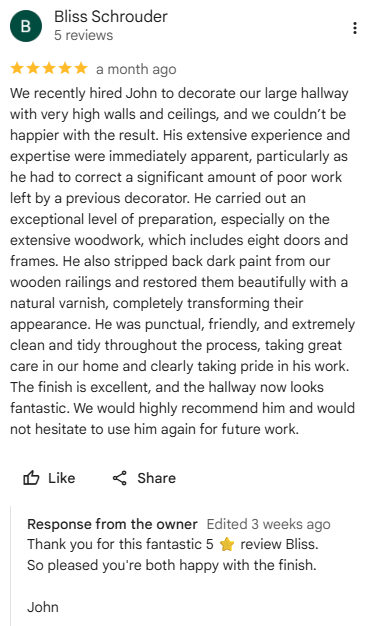 Bliss Shrouder review for Hallway Colour Drench and Woodwork Restoration