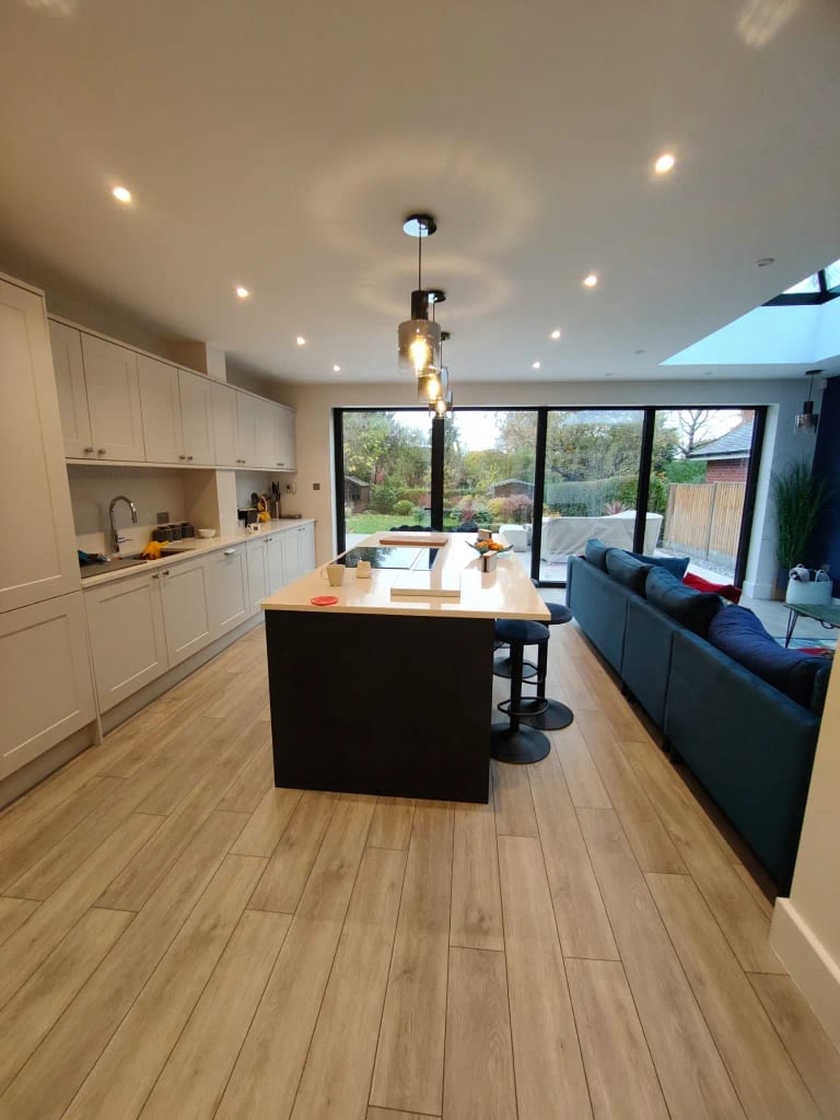 Finished modern kitchen and open-plan living space